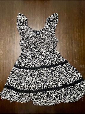 Angie Small Black & Cream Floral Smocked Babydoll Mini Dress Boho